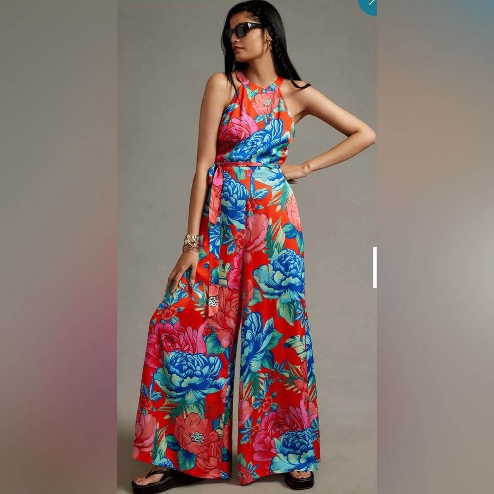 Farm Rio x Anthropologie Floral Printed Halter Wide Leg Jumpsuit size XS NEW